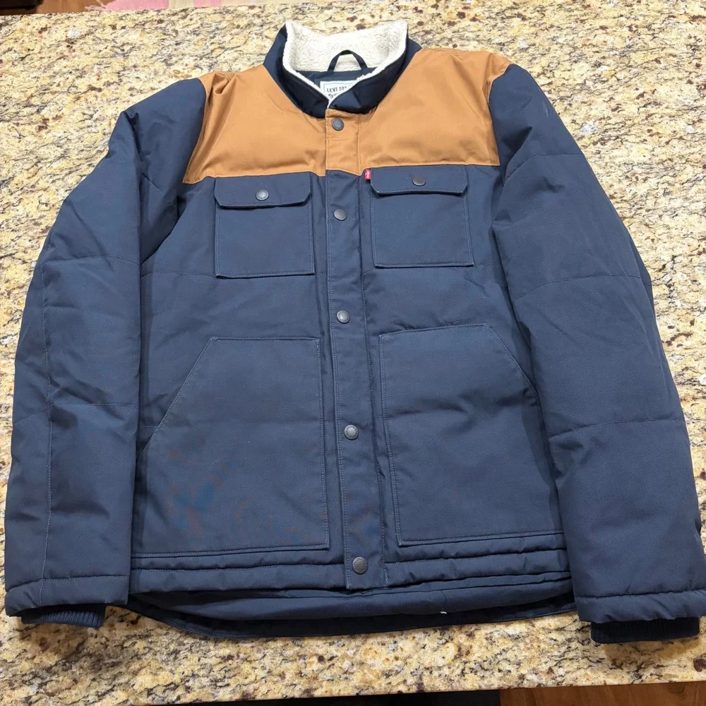 Levi Strauss Mens Navy Brown Sherpa Collar Quilted Puffer Jacket Large ws